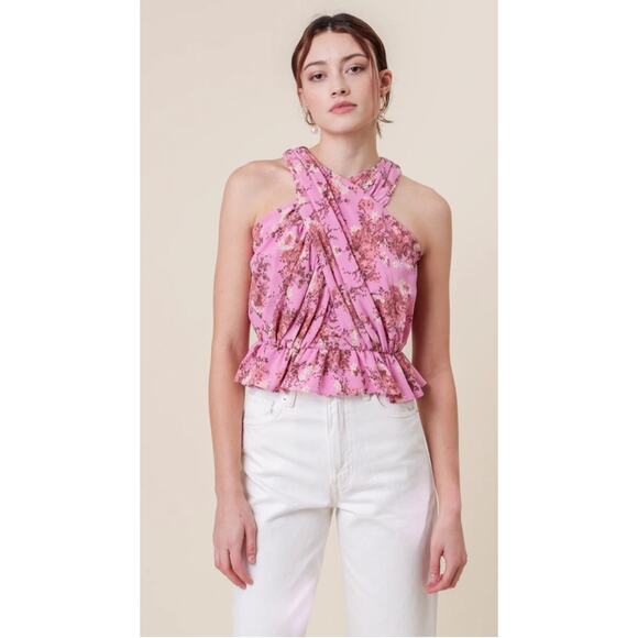 LINE AND DOT Bloom Blouse Size Extra Small NWT Pink Floral Halter Cropped Top - Picture 3 of 13